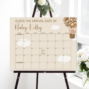 Bear Baby Due Date Calendar Game Hot Air Balloon Teddy Bear Baby Shower We Can Bearly Wait Guess Baby's Birthday Game Printable C14
