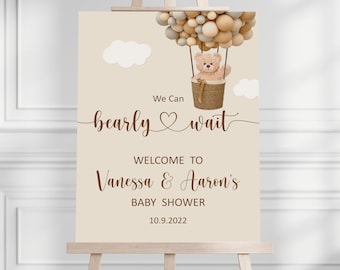 Custom Teddy Bear Welcome Sign We Can Bearly Wait Baby Shower Welcome Sign Hot Air Balloon Bear Baby Shower Decor Printable Sign C14