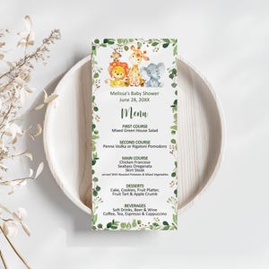 Modello modificabile per menu baby shower a tema giungla, menu per festa di compleanno con animali da safari, Corjl 0128