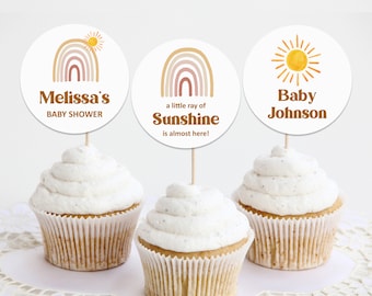 Editable Sunshine Baby Shower Cupcake Toppers Boho Rainbow Baby Shower Ray Of Sunshine Baby Shower Decor Printable Corjl 0118