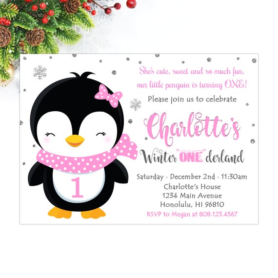 Penguin Birthday Invitation Girl Winter Onederland Etsy