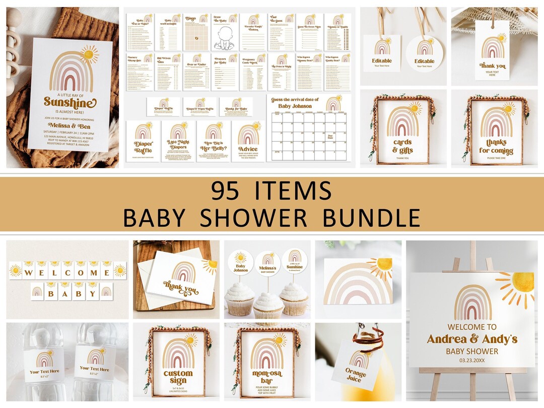 Editable Sunshine Baby Shower Bundle Boho Rainbow Baby Shower ...