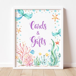 Cartes et cadeaux Enseigne pour baby shower, cadeaux d'anniversaire de sirène, signe de table sous la mer Petite sirène pour baby shower, imprimable, non modifiable, A75 C71