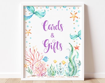 Letrero imprimible para mesa de regalos de fiesta de cumpleaños o baby shower con temática de sirenas (bajo el mar) C71