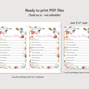 Puede incluir: Tarjetas imprimibles con un dise&ntilde;o floral y el texto "Oraciones para el beb&eacute;". Las tarjetas tienen una lista de oraciones para un beb&eacute;, como "Rezo para que ames", "Rezo para que aprendas" y "Rezo para que experimentes". Las tarjetas miden 5 pulgadas por 7 pulgadas y est&aacute;n dise&ntilde;adas para imprimirse 2 en 1 en cartulina de 8,5 pulgadas por 11 pulgadas.