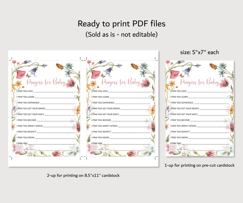 Puede incluir: Tarjetas imprimibles con un dise&ntilde;o floral y el texto "Oraciones para el beb&eacute;". Las tarjetas tienen una lista de oraciones para un beb&eacute;, como "Rezo para que ames", "Rezo para que aprendas" y "Rezo para que experimentes". Las tarjetas miden 5 pulgadas por 7 pulgadas y est&aacute;n dise&ntilde;adas para imprimirse 2 en 1 en cartulina de 8,5 pulgadas por 11 pulgadas.