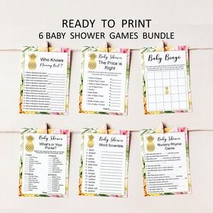 May include: A set of six printable baby shower games with a tropical theme. The games include "Who Knows Mommy Best?", "The Price is Right", "Baby Bingo", "What's in Your Purse?", "Word Scramble", and "Nursery Rhyme Game". Each game features a pineapple graphic with gold accents and a floral background.