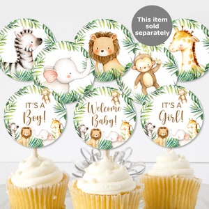 May include: Set of 8 cupcake toppers featuring jungle animals, including a zebra, elephant, lion, monkey, and giraffe. The toppers have green leaves and the text "It's a Boy!" "Welcome Baby!" and "It's a Girl!"