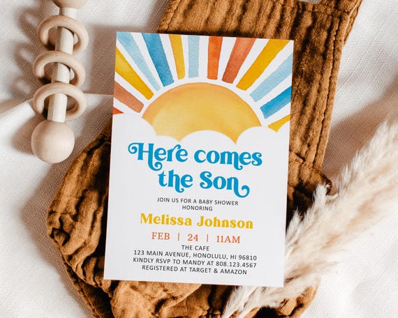 Editable Here Comes the Son Baby Shower Invitation, Boy Boho Sunshine Baby Shower Invite Printable Template, Corjl 0160