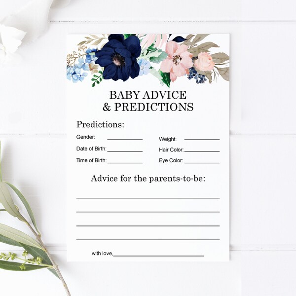 Baby Predictions and Advice Gender Reveal Game Baby Shower Advice Cards Printable Navy Blue and Blush Pink Floral NOT Editable C98