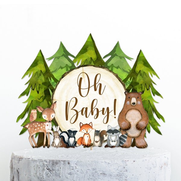 PRINTABLE Woodland Cake Topper Greenery Woodland Baby Shower Cake Topper Oh Baby Topper Forest Animals Baby Shower Decor NOT Editable 0120