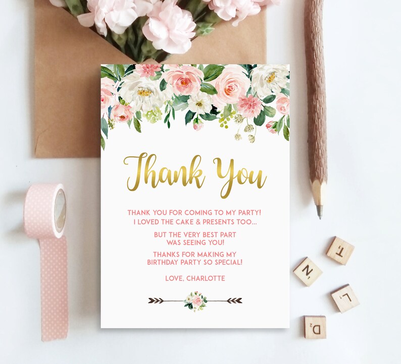 Birthday Thank You Cards Blush Pink & Gold Thank You Notecard Etsy