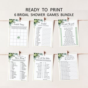 May include: Six printable bridal shower games with a green and white floral theme. The games include Bridal Binge, Bridal Word Scramble, He Said, She Said, What's in Your Purse, Would She Rather, and How Well Do You Know the Bride to Be?