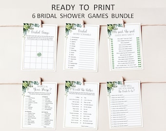Green Bridal Shower Games Printable, Succulent Greenery Gold, Instant Download B84