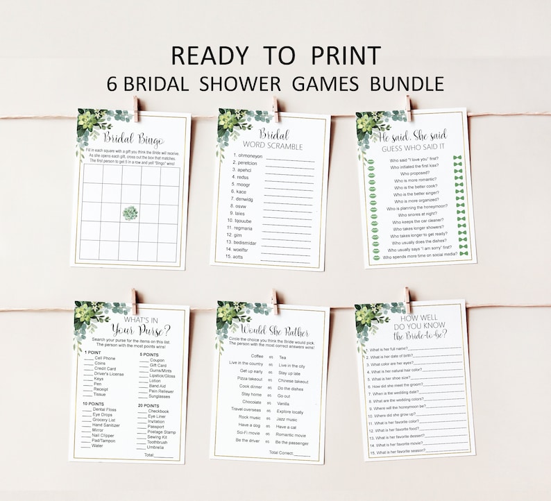 May include: Six printable bridal shower games with a green and white floral theme. The games include Bridal Binge, Bridal Word Scramble, He Said, She Said, What's in Your Purse, Would She Rather, and How Well Do You Know the Bride to Be?