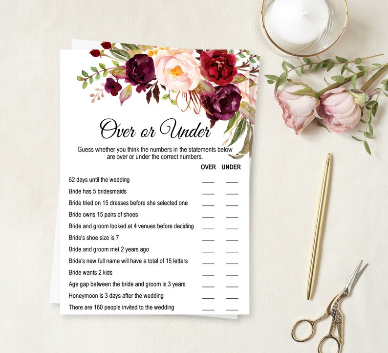 Over or Under Game Bridal Shower Game Burgundy Bridal Shower Etsy