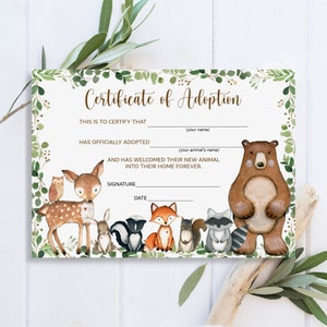 Certificato di adozione di animali del bosco Adottare un animale Woodland Compleanno Woodland Baby Shower stampabile NON modificabile 0120