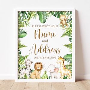 Dschungel-Safari Schreiben Sie Ihren Namen und Ihre Adresse Zeichen-Dschungel-Baby-Dusche-Safari-Geburtstag-Safari-Tiere Party Printable NICHT bearbeitbar 0127