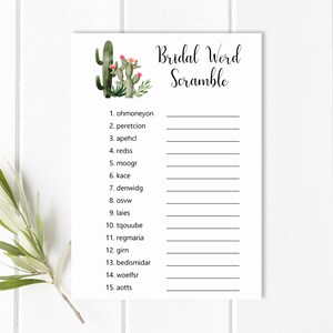 May include: A printable bridal shower game with a cactus illustration. The game is called "Bridal Word Scramble" and includes a list of 15 words to unscramble.