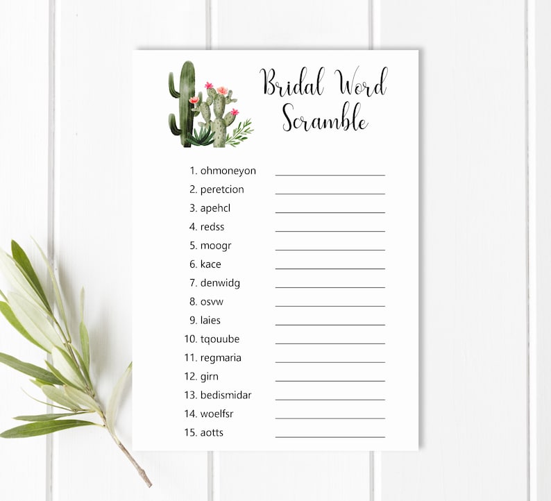 May include: A printable bridal shower game with a cactus illustration. The game is called "Bridal Word Scramble" and includes a list of 15 words to unscramble.
