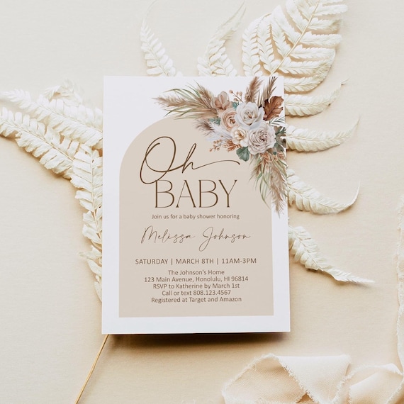 Editable Boho Baby Shower Invitation Template Gender Neutral Baby Shower Floral Baby Shower Pampas Grass Arch Modern Invite Corjl 0142