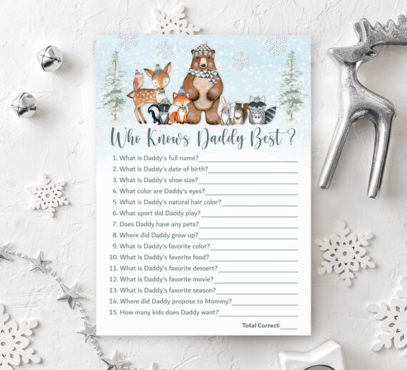 Woodland Baby Shower Who Knows Daddy Best Game Winter Woodland Animals Forest Animal Baby Shower Game Printable NOT Editable C4 Il_570xn