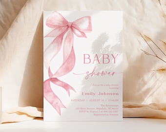 Editable Pink Bow Baby Shower Invitation, Coquette Baby Shower Invite Template Printable, Corjl 0155