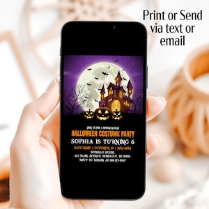 Editable Spooky Halloween Invitation Kids Birthday Costume Party Invite Printable Template Purple Scary Pumpkins Haunted House