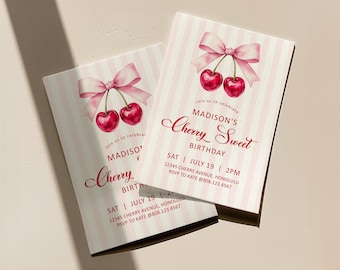 May include: Two birthday invitations with a watercolor cherry design. Each card features a pair of cherries with a pink bow, set against a striped background. The text reads "Madison's Cherry Sweet Birthday".