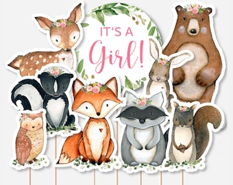 PRINTABLE Woodland Animals Centerpieces Girl Woodland Baby Shower Cake Topper Floral Woodland Animals Diaper Cake Decor NOT Editable 0120