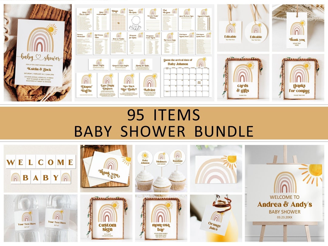 Editable Boho Rainbow Baby Shower Bundle Pastel Rainbow Baby Shower ...
