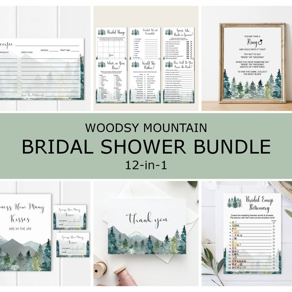 Mountains Bridal Shower Bundle Bridal Shower Games Printable Winter Bridal Shower Outdoor Forest Trees Themed NOT Editable B96