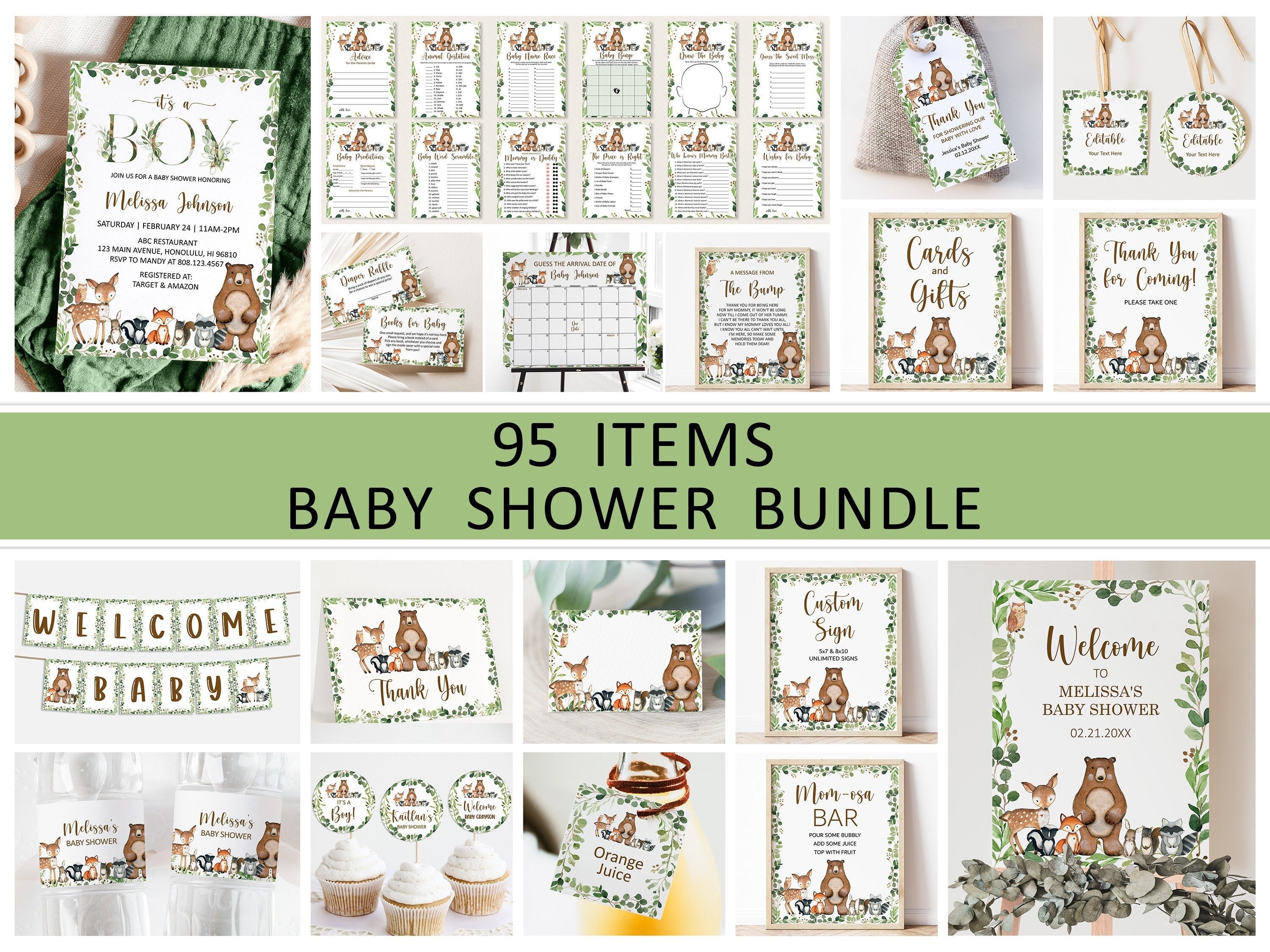 Editable Woodland Baby Shower Invitation Bundle Greenery Woodland Animals Forest Baby Shower Its a Boy Invitation Template Corjl 0120