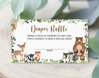 Diaper Raffle Cards Woodland Baby Shower Game Greenery Woodland Animals Forest Baby Shower Insert Printable NOT Editable 0120