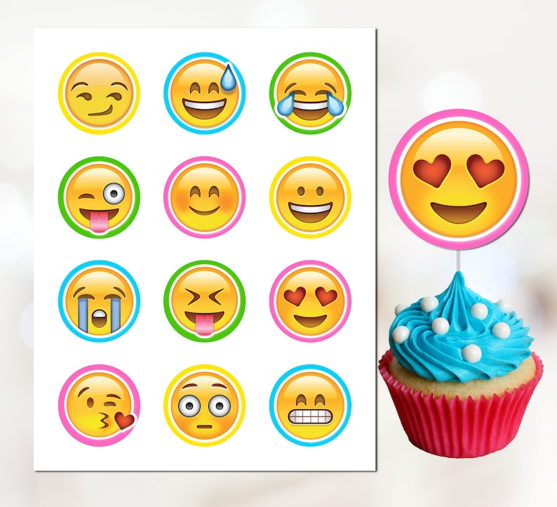 emoji-cupcake-toppers-printable-emoji-party-printable-round-etsy