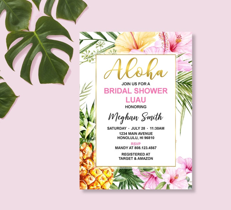 Luau Bridal Shower Invitation Hawaiian Bridal Shower Tropical Floral Hibiscus Pineapple Custom Printable Invite Digital File B74 image 2