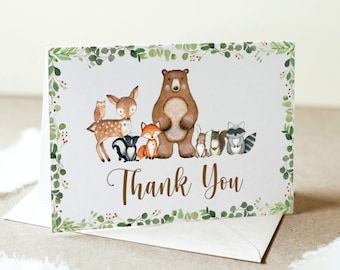 Woodland Animals Thank You Card Greenery Woodland Baby Shower Forest Baby Shower Folded Note Cards Printable  0120