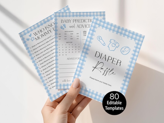 Editable Boy Baby Shower Games, Blue Gingham Baby Game Bundle Printable, Digital Download, Corjl 0159