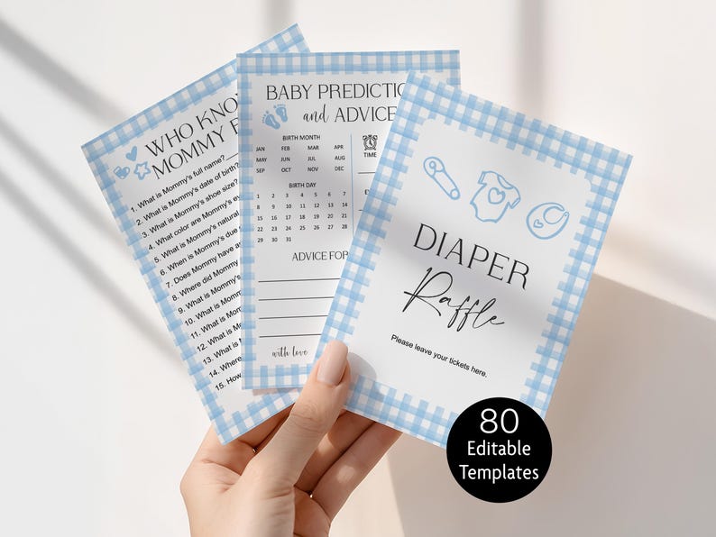 May include: Baby shower game cards with a blue gingham border. The cards include "Who Knows Mommy" questions, a baby prediction chart, and a "Diaper Raffle" card. The image also includes a black circle with the text "80 Editable Templates".