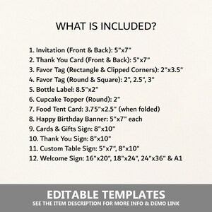 K&ouml;nnte beinhalten: Eine Liste von druckbaren Partyartikeln mit ihren Gr&ouml;&szlig;en in Zoll. Die Artikel umfassen Einladungen, Dankeskarten, Geschenkanh&auml;nger, Flaschenetiketten, Cupcake-Topper, Essenszeltkarten, Geburtstagsbanner, Schilder und Willkommens-Schilder. Der Text "What is Included?" und "Editable Templates" ist ebenfalls im Bild enthalten.