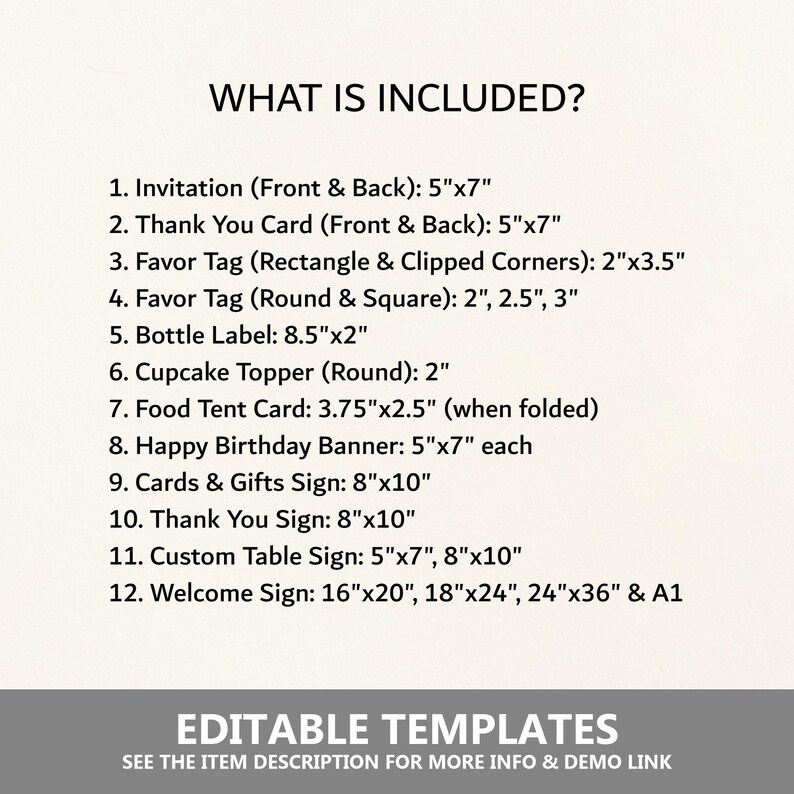 K&ouml;nnte beinhalten: Eine Liste von druckbaren Partyartikeln mit ihren Gr&ouml;&szlig;en in Zoll. Die Artikel umfassen Einladungen, Dankeskarten, Geschenkanh&auml;nger, Flaschenetiketten, Cupcake-Topper, Essenszeltkarten, Geburtstagsbanner, Schilder und Willkommens-Schilder. Der Text "What is Included?" und "Editable Templates" ist ebenfalls im Bild enthalten.
