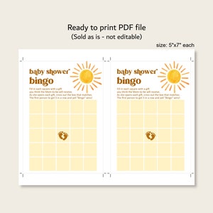 K&ouml;nnte beinhalten: Zwei druckbare Babyparty-Bingo-Karten mit einer gelben Sonne und braunen Fu&szlig;abdr&uuml;cken. Die Karten sind 12,7 cm x 17,8 cm gro&szlig;.