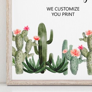 May include: A watercolour illustration of a desert scene with cacti and succulents. The cacti are green and have pink flowers. The succulents are green and have a pointed shape. The background is white. The text "WE CUSTOMIZE YOU PRINT" is at the top of the image.