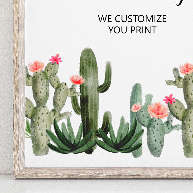 May include: A watercolour illustration of a desert scene with cacti and succulents. The cacti are green and have pink flowers. The succulents are green and have a pointed shape. The background is white. The text "WE CUSTOMIZE YOU PRINT" is at the top of the image.