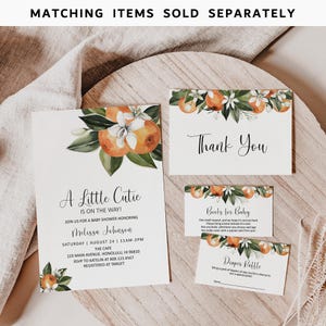 May include: Orange blossom themed baby shower invitation with a floral design and the text "A Little Cutie is on the way!"  Join us for a baby shower honoring Melissa Johnson. Saturday, August 24, 11am-3pm. The Cafe, 123 Main Avenue, Honolulu, HI 96810. RSVP to Katelin at 808.123.4567. Registered at Target.