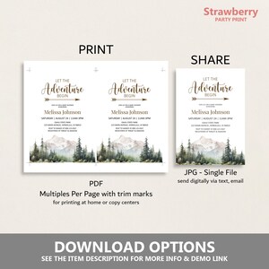Pode incluir: Convite para ch&aacute; de beb&ecirc; imprim&iacute;vel com um design de aquarela de montanha e floresta. O convite diz "Let the Adventure Begin" e inclui o nome Melissa Johnson, a data e a hora do ch&aacute; de beb&ecirc;, e o local. O convite tamb&eacute;m inclui o texto "RSVP to Mandy at 808-123-4567" e "Registered at Target & Amazon".