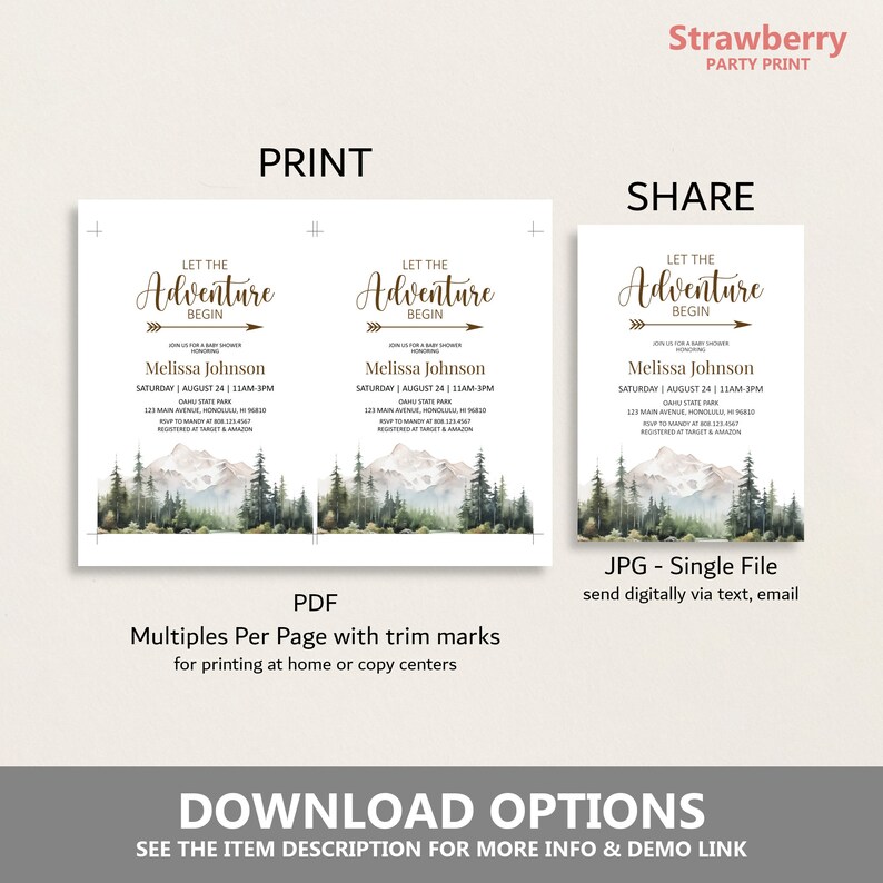 Pode incluir: Convite para ch&aacute; de beb&ecirc; imprim&iacute;vel com um design de aquarela de montanha e floresta. O convite diz "Let the Adventure Begin" e inclui o nome Melissa Johnson, a data e a hora do ch&aacute; de beb&ecirc;, e o local. O convite tamb&eacute;m inclui o texto "RSVP to Mandy at 808-123-4567" e "Registered at Target & Amazon".