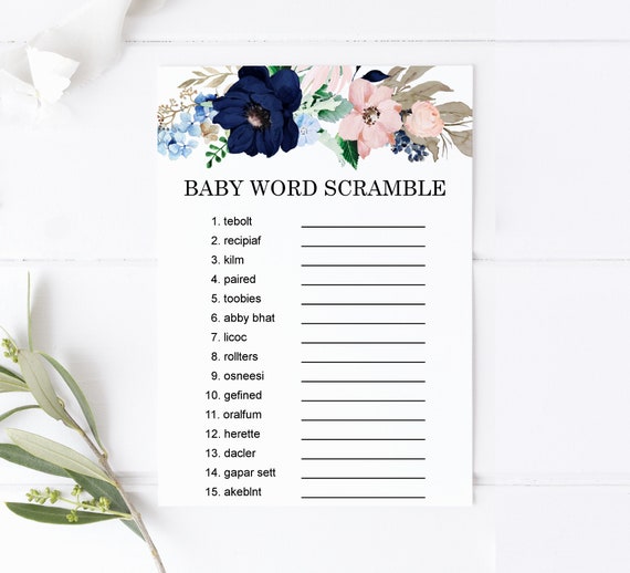 baby word scramble game navy blue blush pink gender reveal baby shower