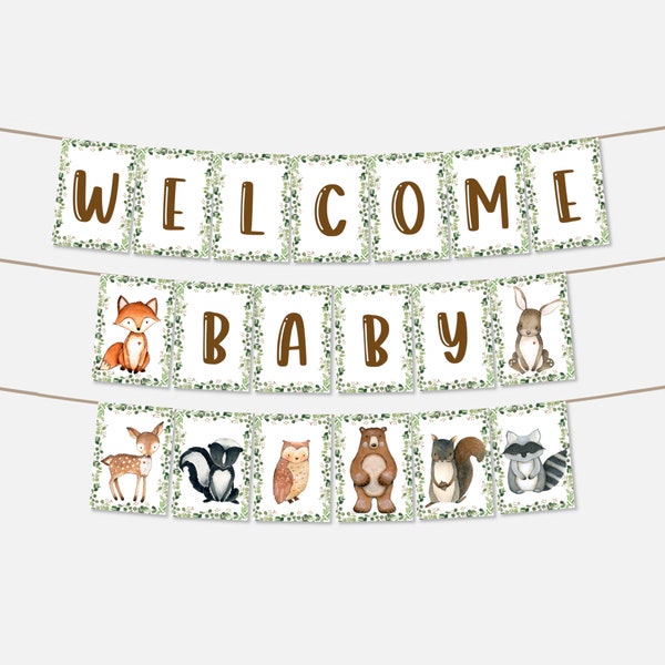 PRINTABLE Woodland Baby Shower Banner Welcome Baby Banner Woodland Animals Banner Forest Animals Baby Shower Decor NOT Editable 0120