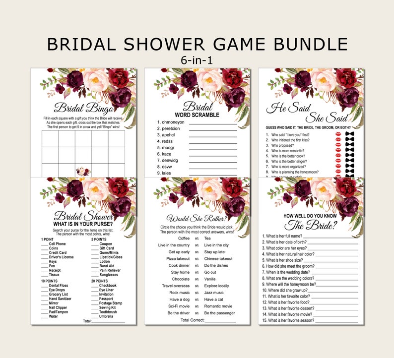 Burgundy Bridal Shower Games Bundle Marsala Maroon Pink Floral image 1